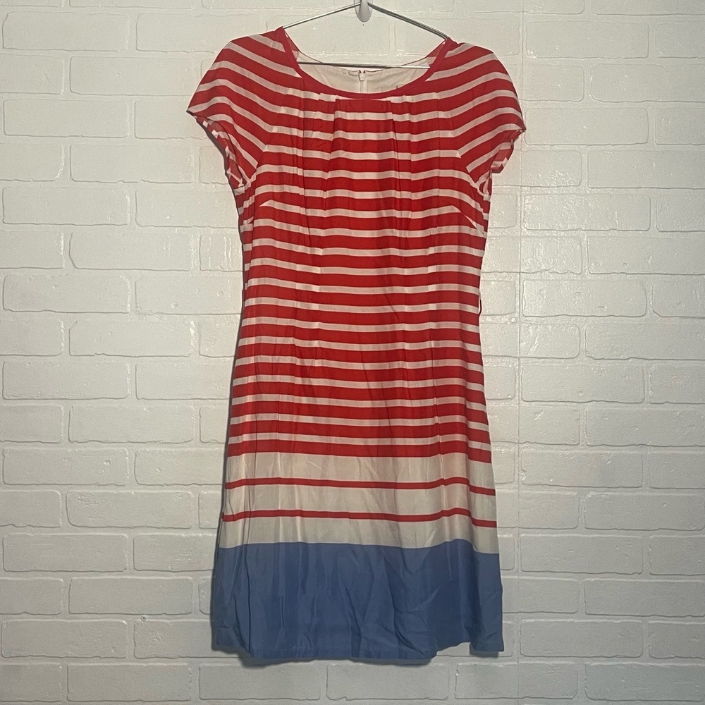 Boden Dress Round Neck Short Cap Sleeve White Pink Blue Stripes Classic Size 6